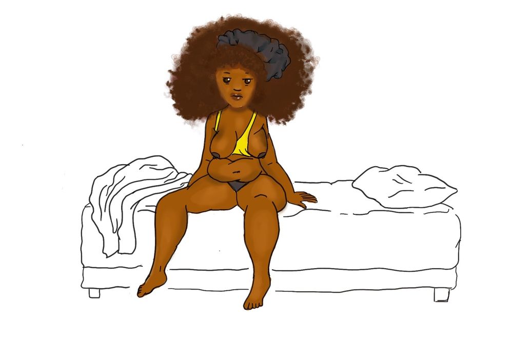 Drawing of a woman sitting up on a bed looking disheveled. Her bonnet is stuck in her hair and her titties are hanging out of the top of her tank top