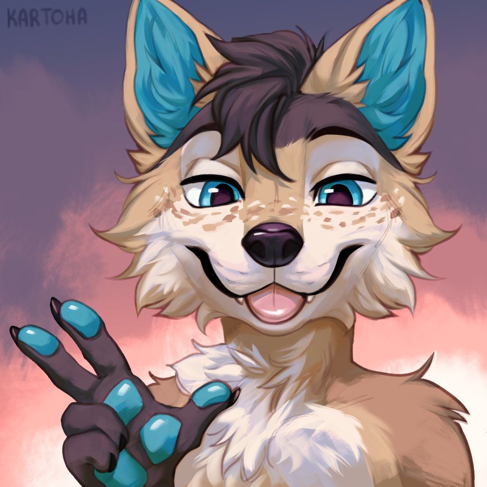 Anthropomorphic folf (maned-wolf x arctic-fox hybrid) with blue eyes, paw pads, and inner-ears, poses for a portrait. His index finger, middle finger and thumb are extended, making a peace sign, while his tongue sticks our past his two visible canine teeth. 
Character: Fletchel @fletchelda
Art: Karhota @Karrtoha 