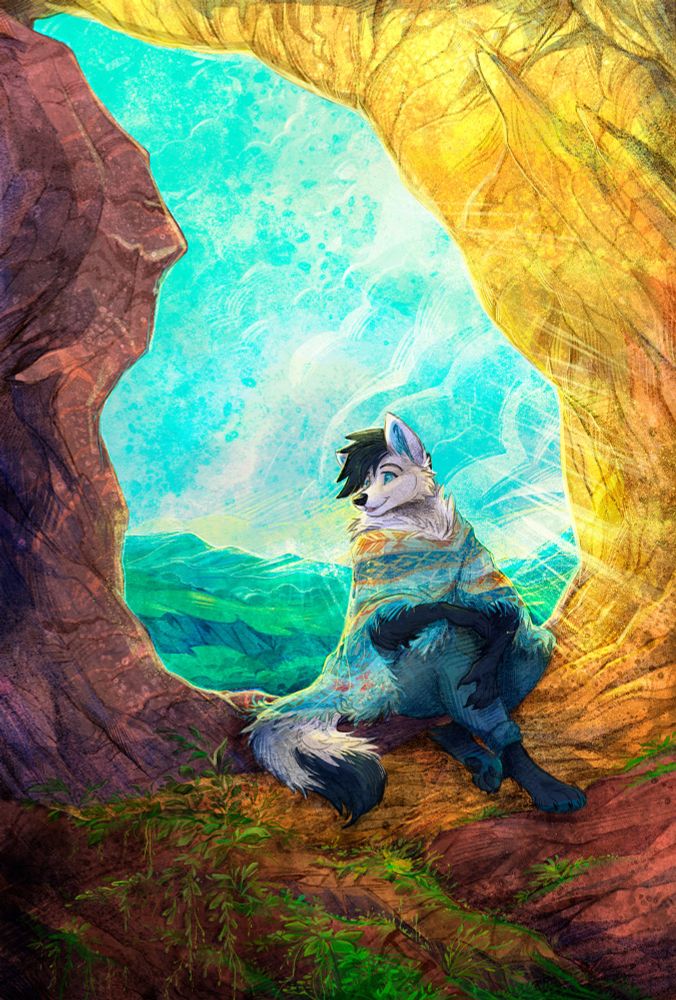 Digital colored pencil drawing of an anthropomorphic folf maned-wolf x arctic-fox hybrid sitting in a rock formation with mountains and sky backlighting him. 