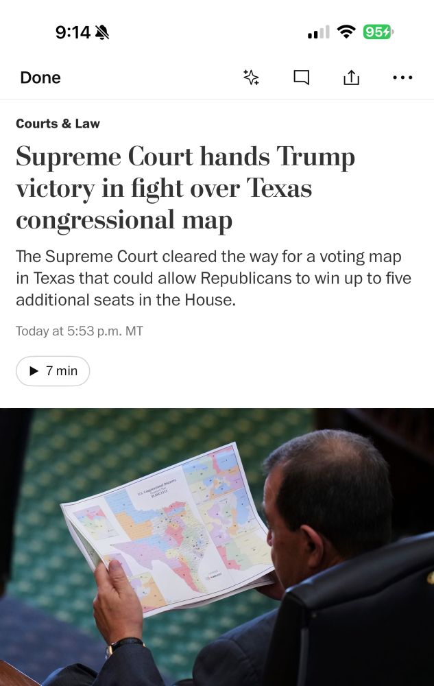 Photo of headline from WaPo “Supreme Court Hands Trump Victory … over Congressional Maps.”