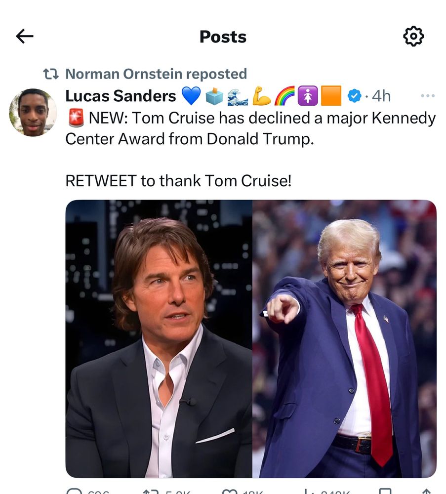 Photo of Tom Cruise and Trump pertaining to cruises refusal to accept a Kennedy Center award from Trump.  And good for him.