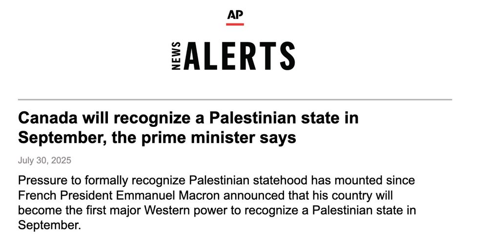 AP News Alert announcing Canada's intention to recognize a Palestinian state.