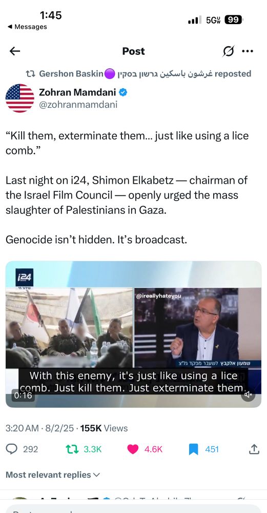 This is a photo of a post by Zohran Mamdani of the chairman of the Israeli film council calling for the extermination of all Palestinians