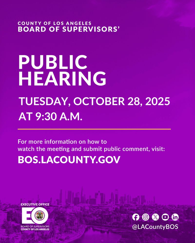 An event flyer announces the regular meeting of the Governance Reform Task Force.

The meeting is scheduled for Wednesday, October 29, 2025 at 5:00 PM.

The flyer indicates two ways to attend:

In-Person at the Earvin "Magic" Johnson Recreation Area, 905 E. El Segundo Blvd., Los Angeles, CA 90059.

Virtually via the link: bit.ly/4oEiQeD.

The flyer features the County of Los Angeles seal and a logo for Measure G. It also includes an orange box with a link to view the agenda: bit.ly/GRTF-102925. The background is a blue-hued photograph of the Los Angeles skyline. The bottom of the flyer displays the website MeasureG.lacounty.gov.