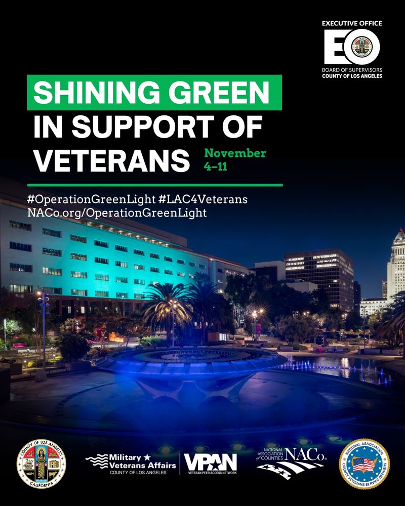 A vertical promotional poster for "Operation Green Light" from the County of Los Angeles, Executive Office, Board of Supervisors. The text at the top reads: "SHINING GREEN IN SUPPORT OF VETERANS" with the dates "November 4–11." Below this, the hashtags #OperationGreenLight and #LAC4Veterans are listed, along with the website NACo.org/OperationGreenLight.The bottom two-thirds of the image shows a nighttime photograph of a large, contemporary municipal building complex and a fountain in a plaza. The main building and surrounding lights are illuminated in an eerie, bright green color in support of the campaign.The very bottom of the poster displays the logos of several organizations: County of Los Angeles, California; Military Veterans Affairs County of Los Angeles; VPAN (Veteran Peer Access Network); National Association of Counties (NACo); and the National Association of County Veteran Service Officers.