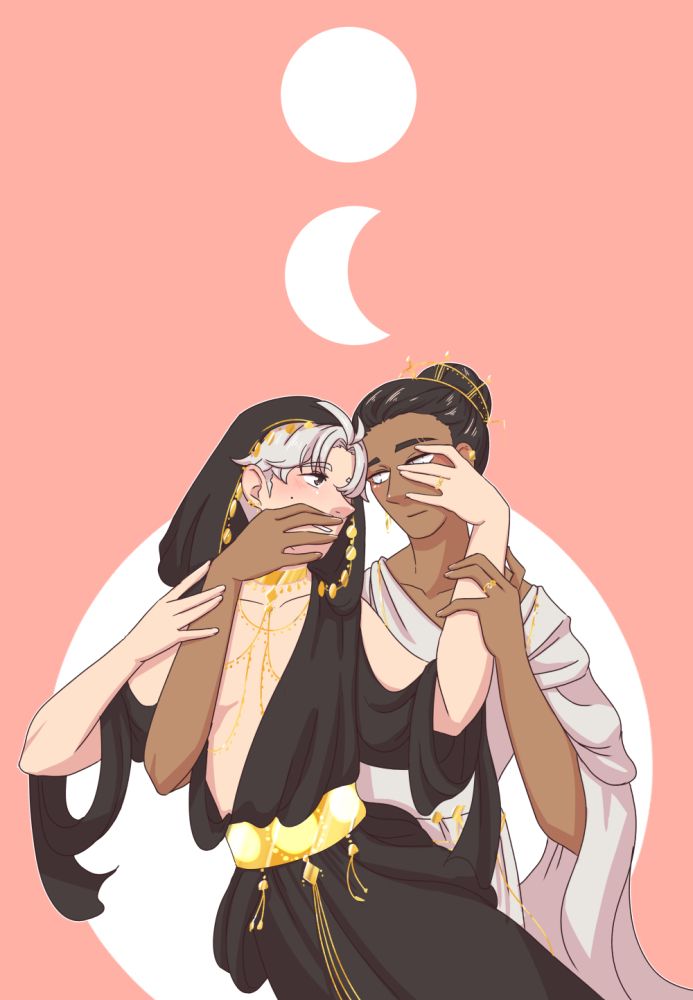 Orion and Lucien in flowy dresses that contrast their hair colour. Their hands are hovering over the other's mouth and eyes respectively, hinting at Orion's muteness and Lucien's blindness. They wear jewelry with sun and moon imagery.