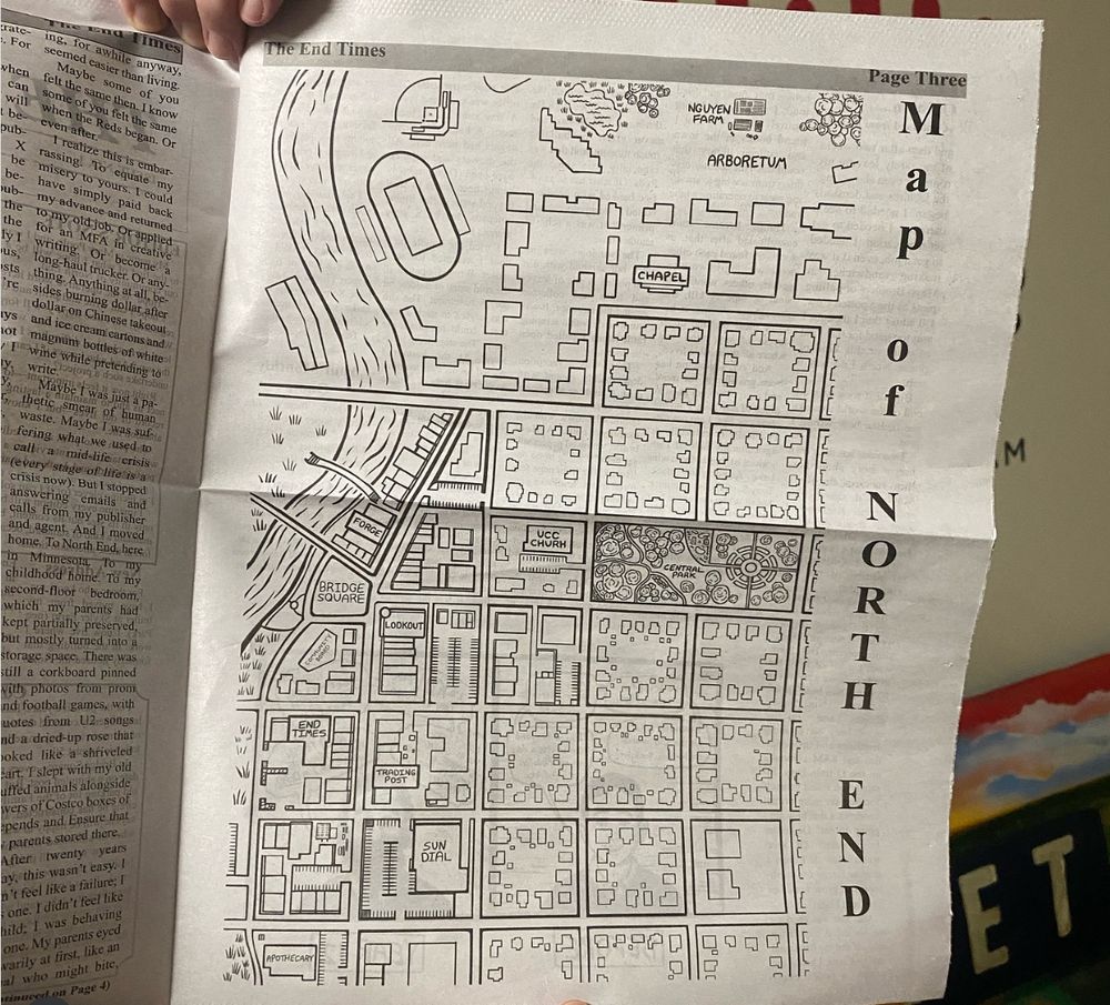 A map of the fictional North End, Minnesota: The setting of The End Times. 