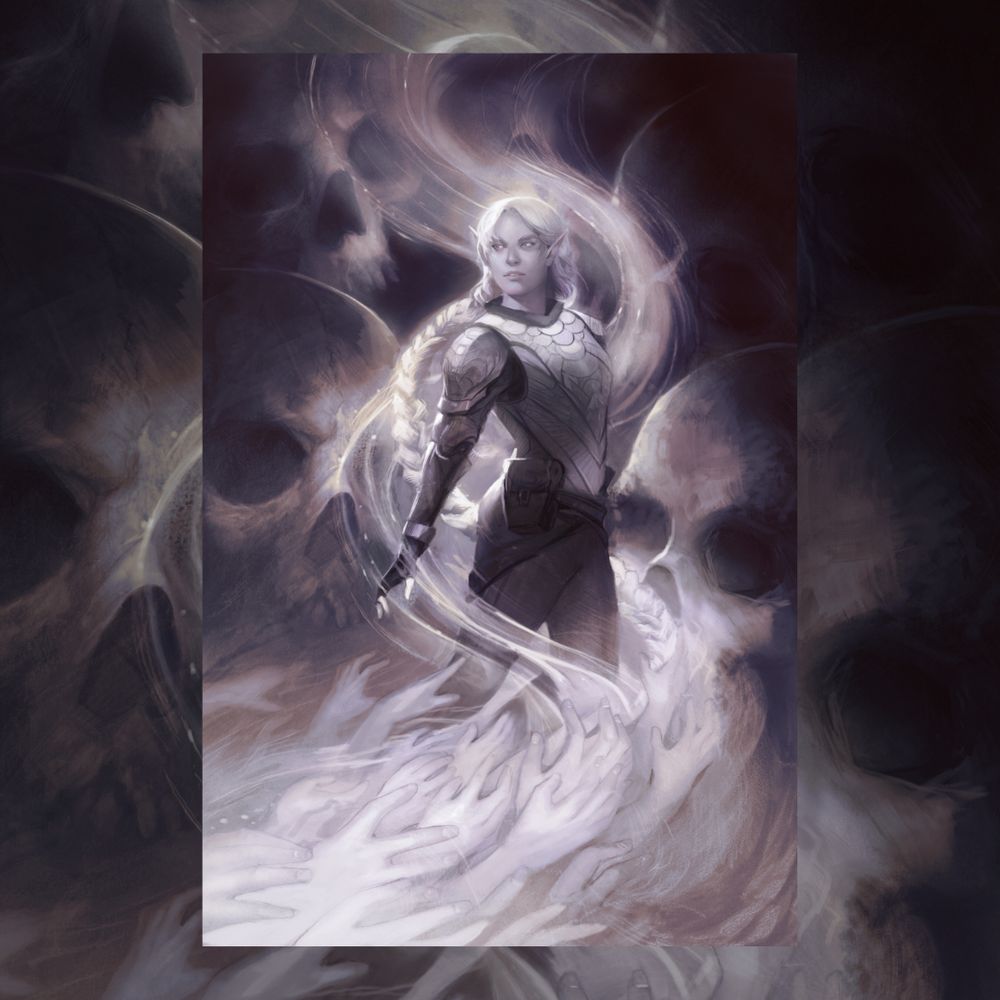 An elvish creature looks fiercely over her shoulder while a wave of hands reached up from below and skulls loom on the background. 