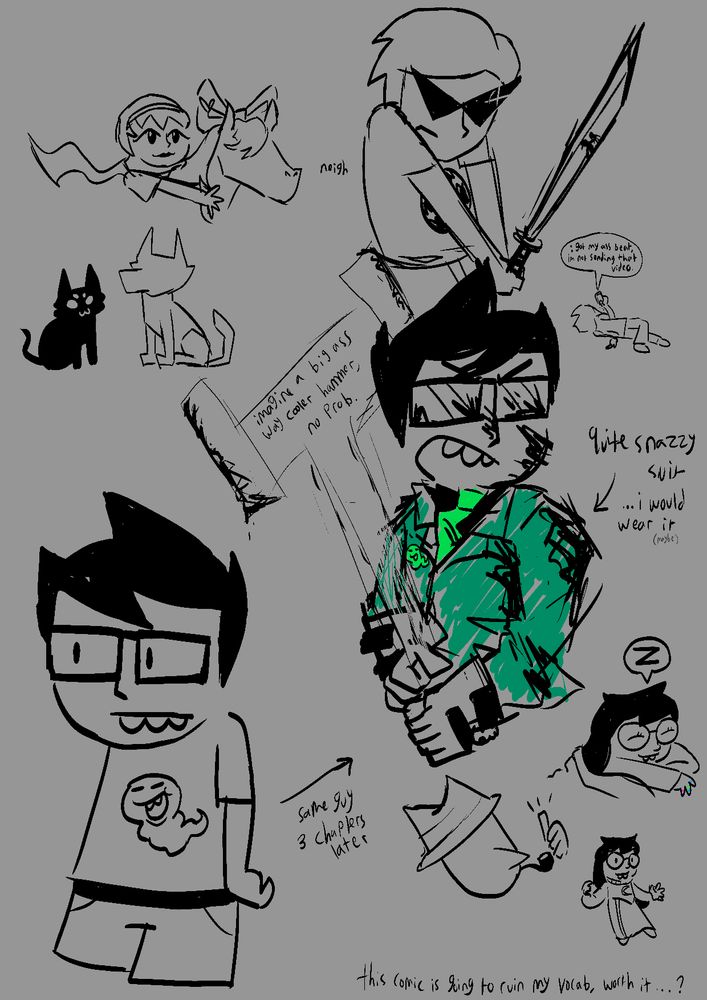 various homestuck sketches, theres the main four gang, John's dad, Rose's pony, Bec, and Vodka (the cat thing)