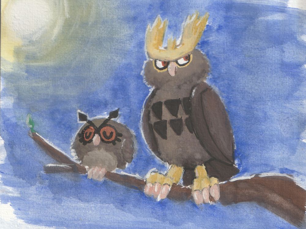 A Gouache painting of a Hoothoot sleeping and a Noctowl standing guard, both are perching on a twig while the moon is shining through :)

(Painted on a Watercolor paper, 11/5/2025)