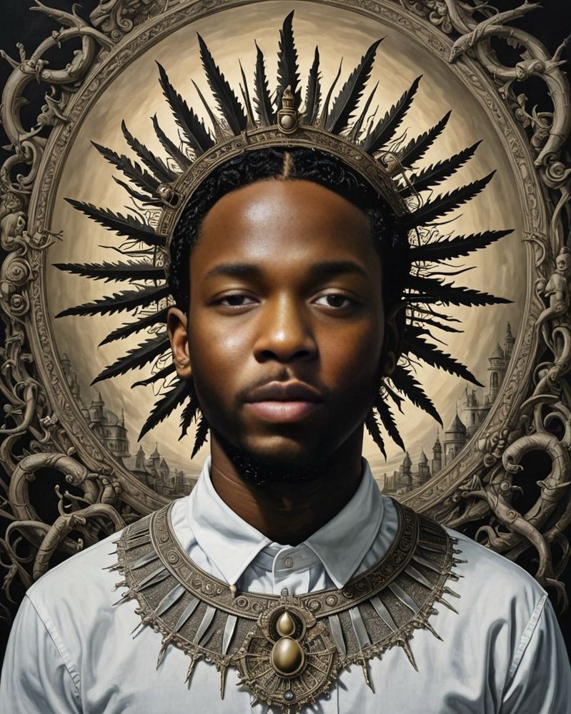 An Afrofuturistic AI generated image of a young black man. He is staring straight on at you… unapologetic, but calm. His head is surrounded by an organic halo of slim pointy leaves inside a gilded ring. The halo glows like a golden hour of warm golden light, and distant pine trees are cupped at the bottom. The halo is encircled by steampunk roots on a black background. The man is wearing a crisp, white, dress shirt on top of which is a gilded collar adornment that is heavy, regally beautiful, and Afrofuturistic. 