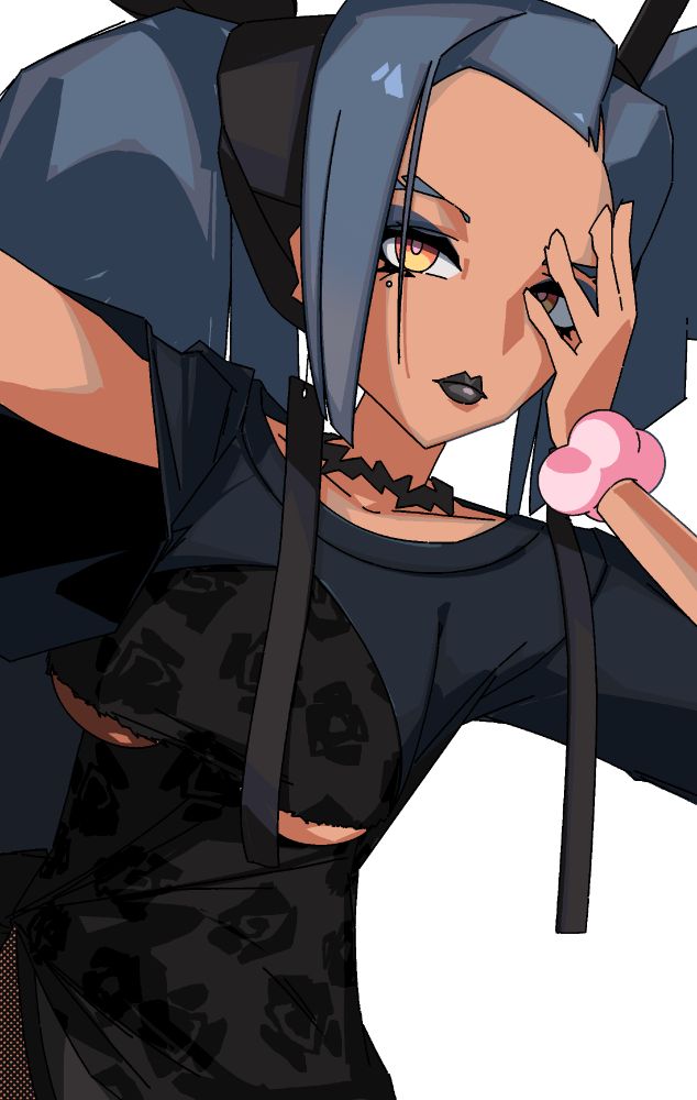 dusky-blue-haired woman named SIN poses with one arm outstretched towards the viewer, the other bent to rest her hand on the side of her face