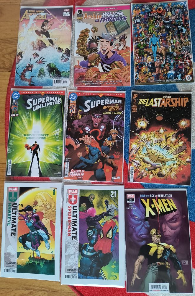 Top row of three comics:

New Avengers vol 5 #4
Archie vs Minor Threats #2
New History of the DC Universe #3

Middle row of three comics:

Superman Unlimited #5
Superman vol 7 #30
Star Trek The Last Starship #1

Bottom row of three comics:

Ultimate Hawkeye #1
Ultimate Spider-Man vol 2 #21
X-Men vol 7 #22