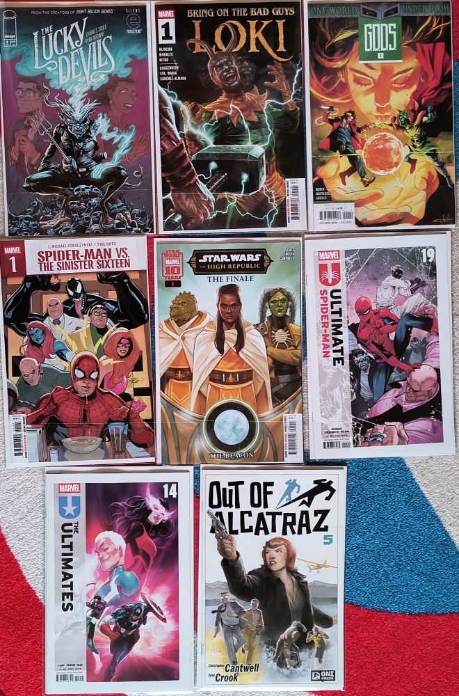 Top row of three comics:

Lucky Devils #4
Bring On The Bad Guys Loki #1
G.O.D.S. One World Under Doom #1


Middle row of three comics:

Spider-Man vs The Sinister Sixteen #1
Star Wars The High Republic The Finale #1
Ultimate Spider-Man vol 2 #19


Bottom row of two comics:

Ultimates vol 5 #14
Out of Alcatraz #5