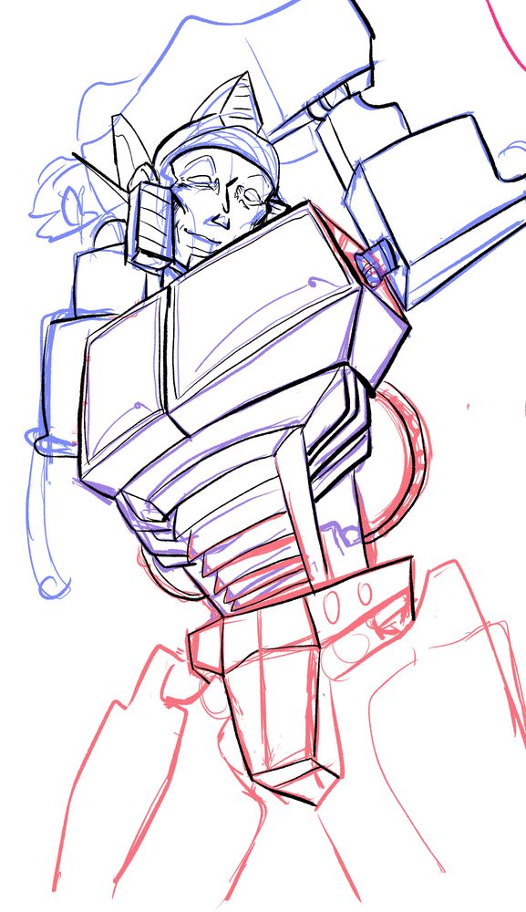 a rough digital sketch of Optimus Prime with his legs lightly spread and one arm elevated over his head to reveal his side