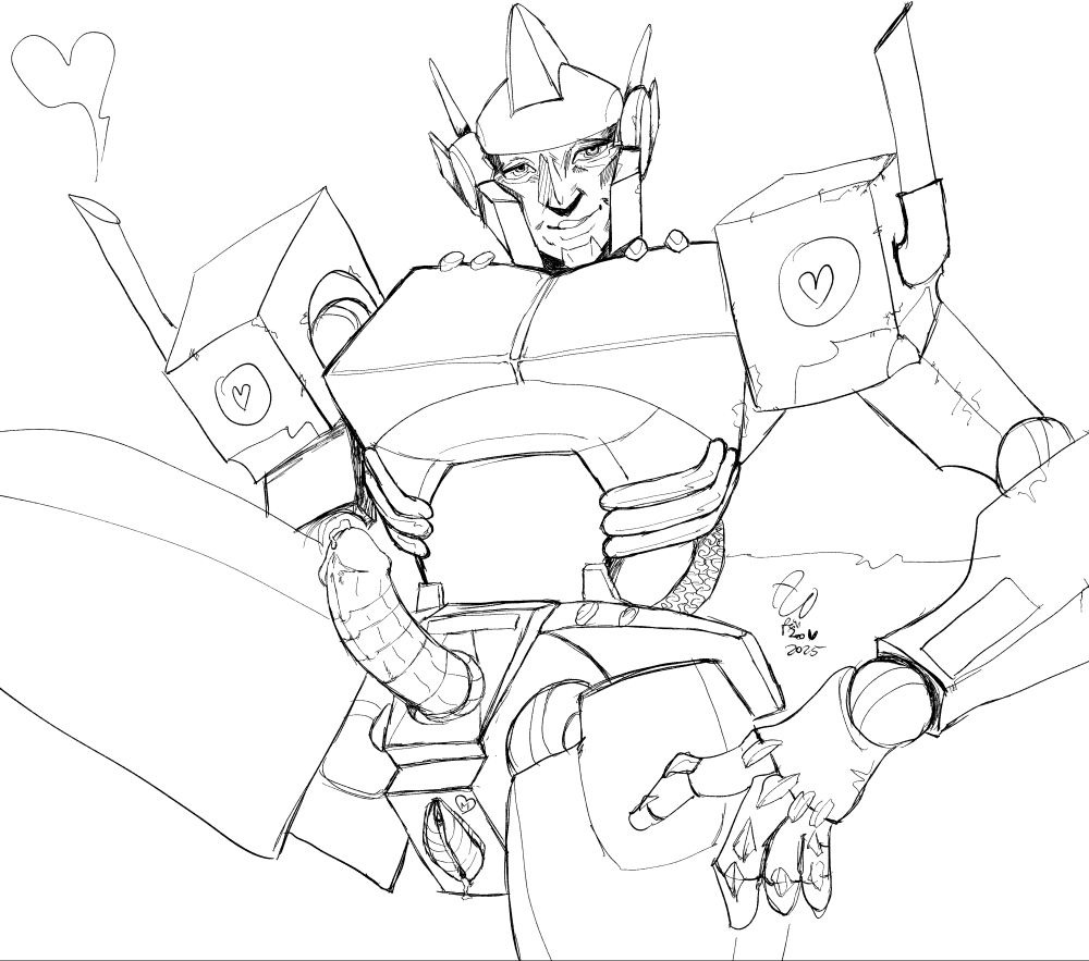 a digital art of Optimus Prime with his legs spread and his erect spike and valve displayed
