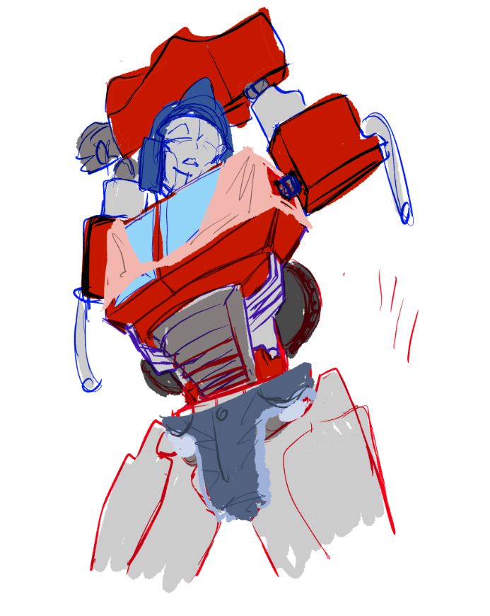 the same sketch colored in flats. he's now wearing short shorts and a crop top or bralette