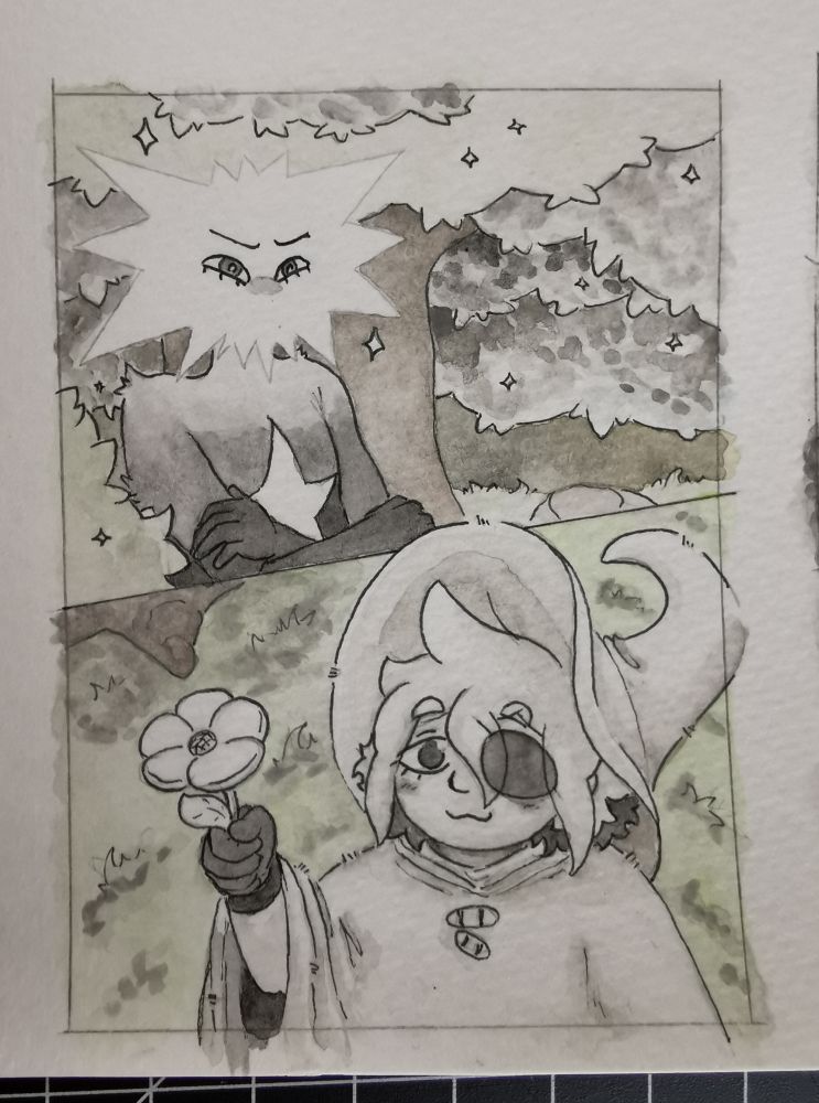 Half-finished drawing of the two In Stars and Time characters Loop (sitting under a tree, frowning, in the upper part) and Siffrin (lower part, offering a bright flower, smiling)