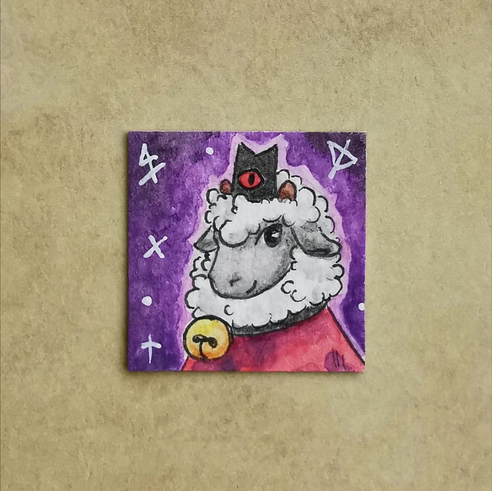 Simple portrait of the lamb from the indie game "Cult of the Lamb". The lamb wears a black collar with a yellow-golden bell and a red cape. On it's head between its horns sits a red crown with one red eye on it. The background is purple with some of the ingame glyphes.

Size: 1x1 inch / 2,54 cm x 2,54 cm