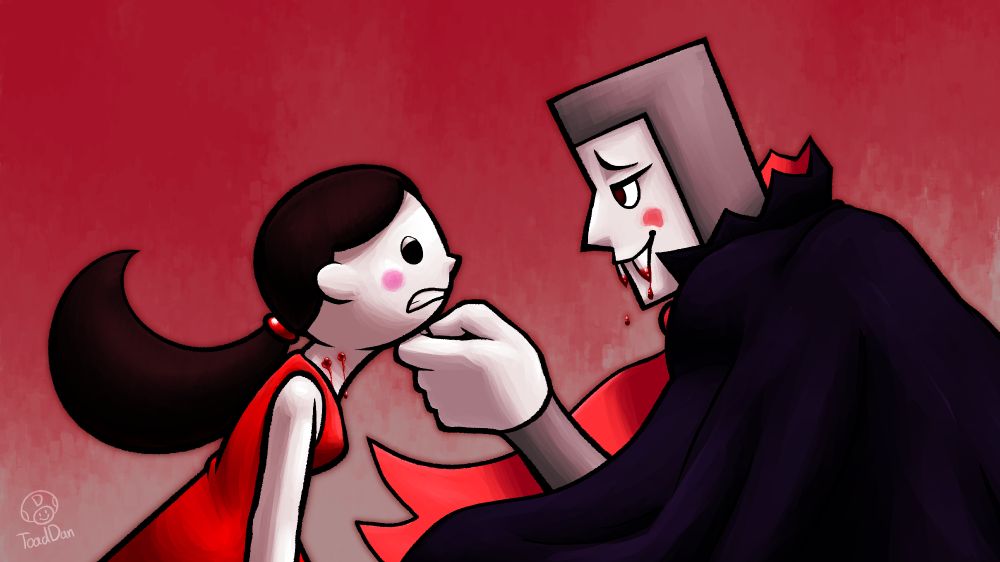 Art consisting of the Tap Trial Girl from Rhythm Heaven struggling to stand, as one of the Tap Troupe members, now a cloaked vampire, holds up her chin.