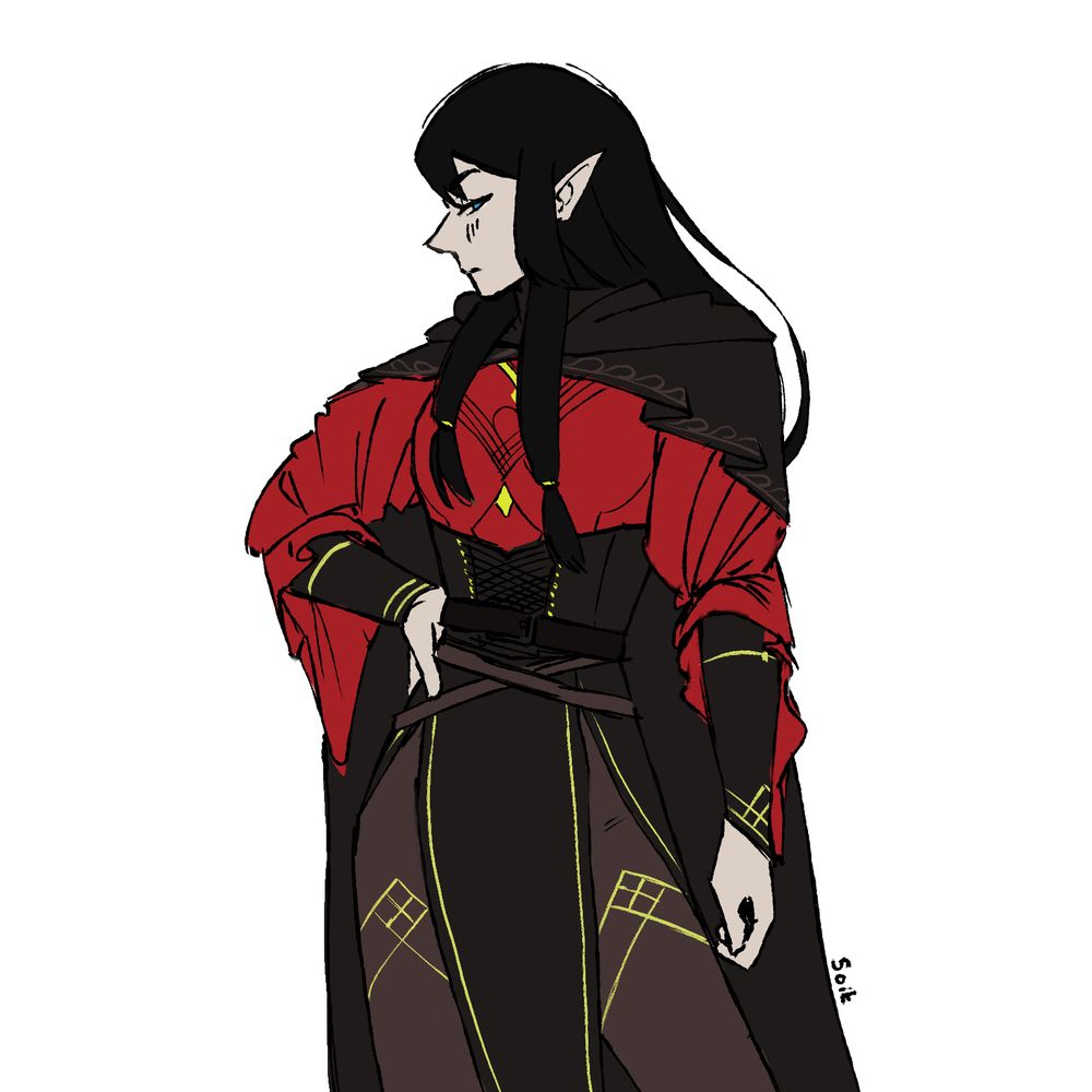 wood elf rogue with dark long hair and pale skin dressed in red and black with yellow gold accents rogue-ish attire, standing showing her side profile, giving the camera a side-eye