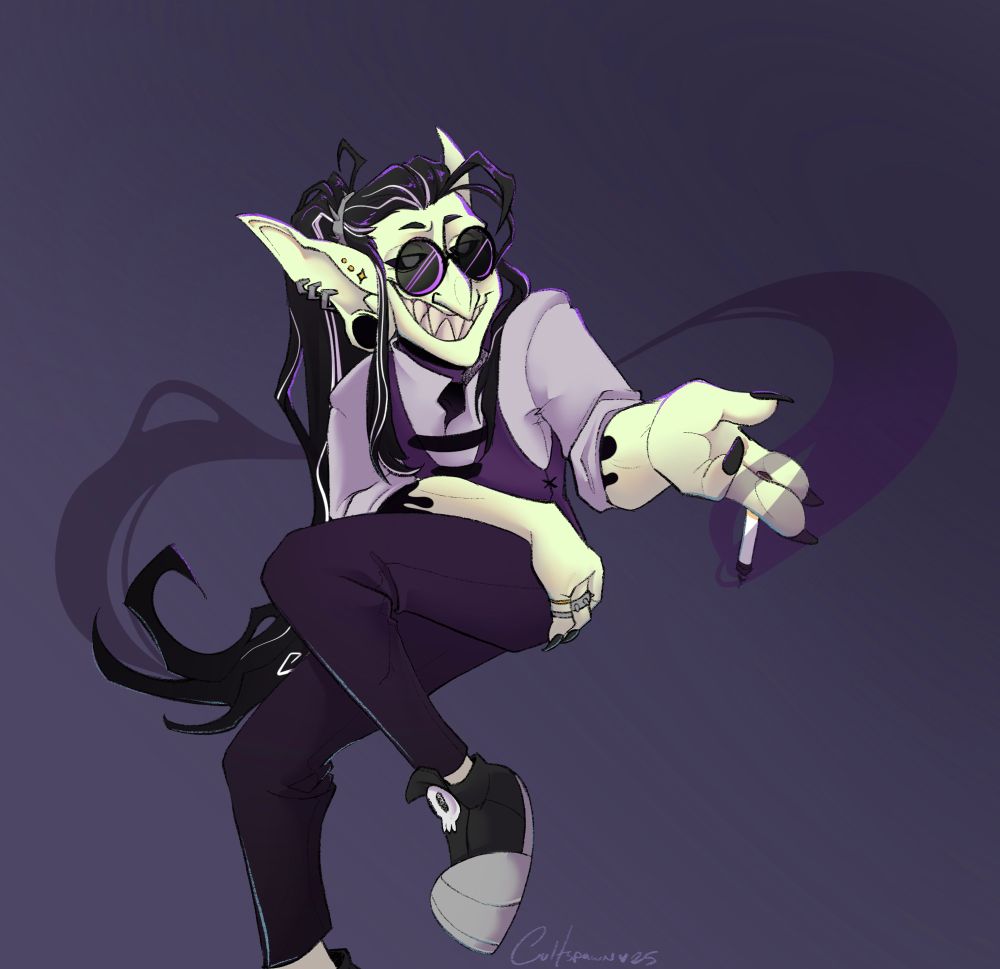 A goblin in round sunglasses, holding a smoking cigarette. 