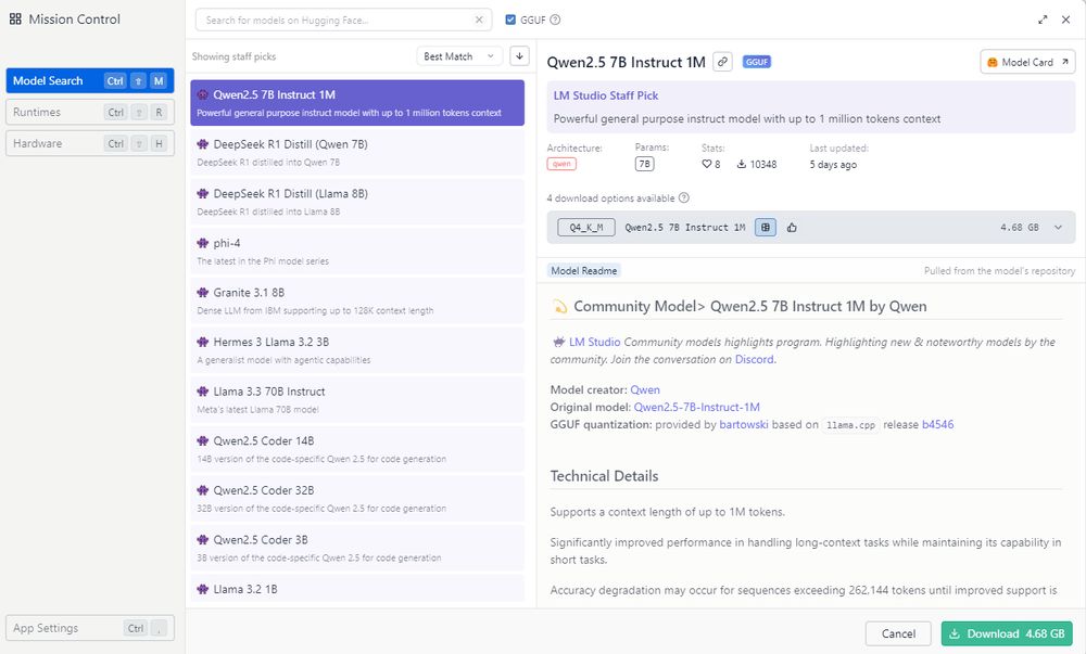 LM Studio Mission Control, showing a searchable list of Models for download.