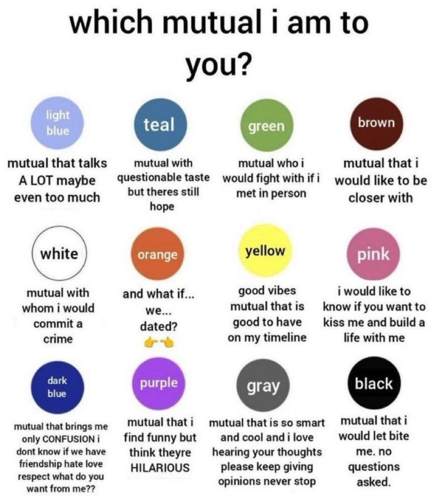 which mutual i am to you?
light blue
mutual that talks
A LOT maybe even too much
teal
mutual with questionable taste but theres still hope
orange
and what if... we... dated?
green
mutual who i
would fight with if i met in person
brown
mutual that i would like to be closer with
white
mutual with whom i would commit a crime
dark blue
mutual that brings me only CONFUSION i dont know if we have friendship hate love respect what do you want from me??
purple
mutual that i find funny but think theyre
HILARIOUS
yellow
good vibes mutual that is good to have on my timeline
gray
mutual that is so smart and cool and i love hearing your thoughts please keep giving opinions never stop
pink
i would like to know if you want to kiss me and build a life with me
black
mutual that i would let bite me. no
questions asked.