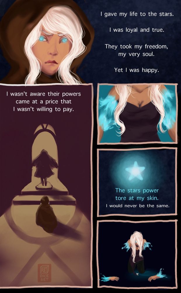I gave my life to the stars.
I was loyal and true.
They took my freedom, my very soul.
Yet I was happy.

I wasn't aware their powers came at a price that I wasn't willing to pay.

The stars power tore at my skin.
I would never be the same.

The comic shows a woman with glowing blue eyes. Then she is kneeling in front of a statue of a girl. Then you see her arm torn apart by blue fire, a glowing blue star, and her kneeling with shoulders and hands separated, blue fire emitting from where her arms used to be.