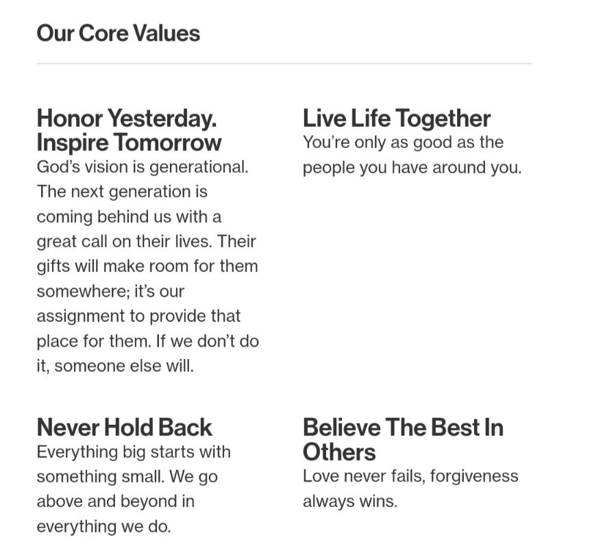 Free Chapel's core values: Honor Yesterday. Inspire Tomorrow. Live Life Together. Never Hold Back. Believe The Best In Others.

https://archive.ph/L1jFG