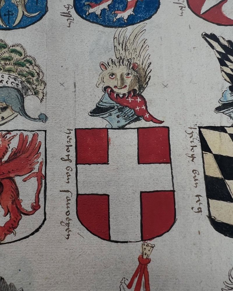 Een pagina met verschillende wapenschilden. Boven één wapenschild staat een tekening van een leeuw die een helm opeet. Het boek bevindt zich bij de Hoge Raad van Adel.