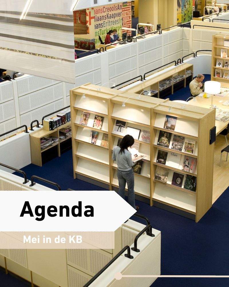 "Agenda
Mei in de KB" op een foto van de leeszaal van de KB.