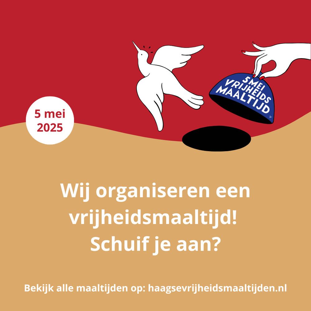Poster van de vrijheidsmaaltijd, met de verwijzing naar de website haagsevrijheidsmaaltijden.nl 