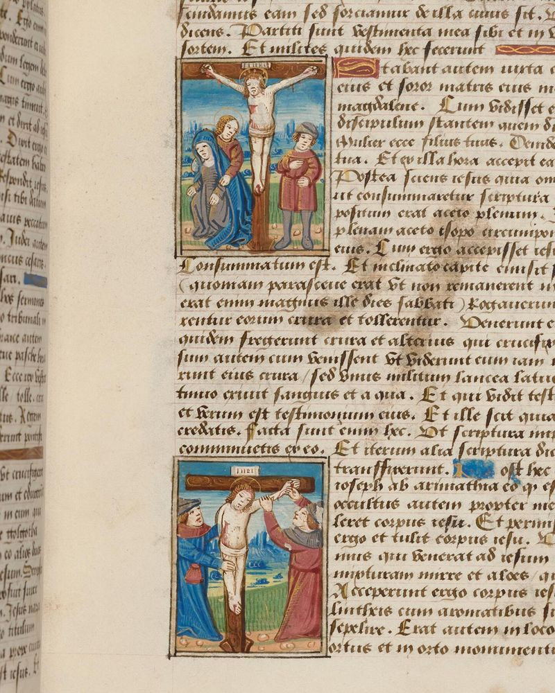 Een manuscript met kleinere, ingetogen miniaturen, waaronder de scène van de ondervraging bij Pontius Pilatus. De decoratie is hier subtieler, maar de verhalende scènes zijn gedetailleerd uitgewerkt.