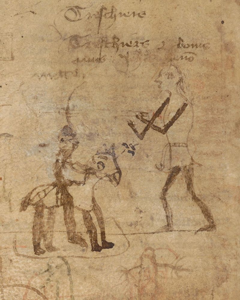 Een middeleeuws handschrift met een tekening van een klein kind op een klein paard naast een volwassene die zijn handen omhoog houdt in een "rustig aan"-gebaar.
