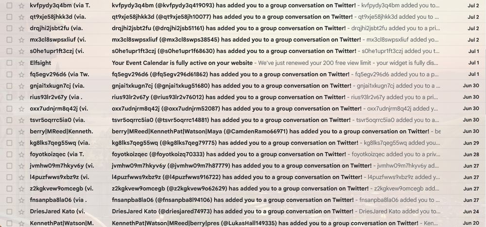 several emails titled "[account name] has added you to a group conversation on Twitter"