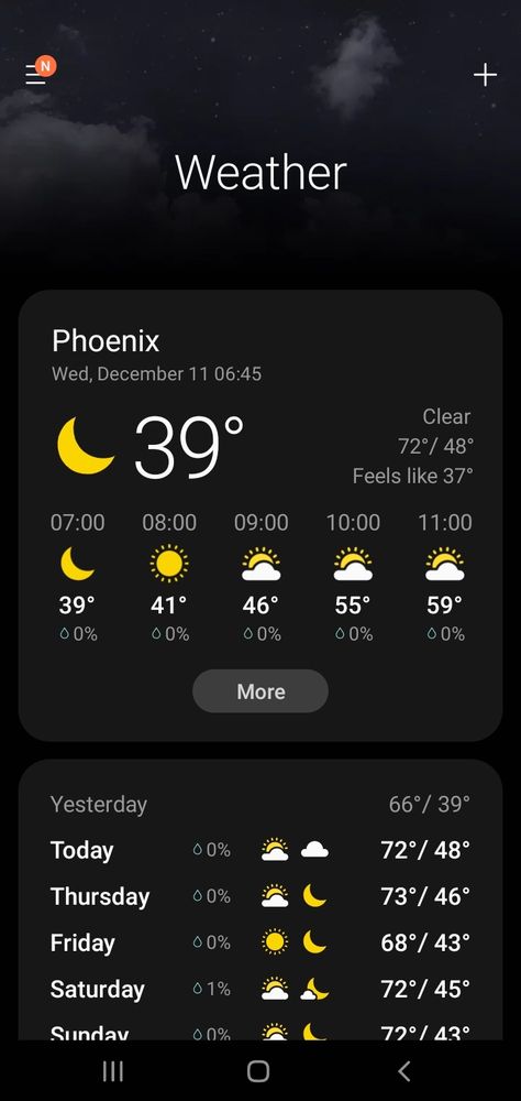Screenshot of weather app set to Phoenix, AZ. 39°F on Wednesday, December 11 at 0645.