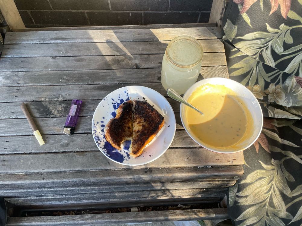Grilled cheese cut on the diagonal with 1 bite taken out on a white plate with a decorative blue splatter design next to a bowl of soup that looks very cheesy. There is also a gold rimmed glass of something that looks like lemonade as well as a purple lighter and a brown vape pen. 

Looks to be on a wooden table/crate