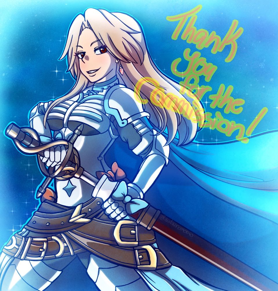 Katalina Aryze from Granblue fantasy. She is posing valiantly amidst the chilling air behind her, sheathing her sword. 