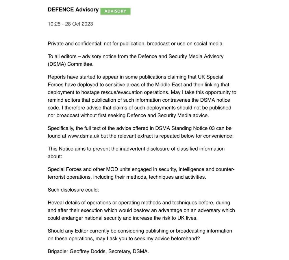 Leaked advisory press release, from the Defence and Security Media Advisory, directing media from publishing, deliberately withholding information from the public 