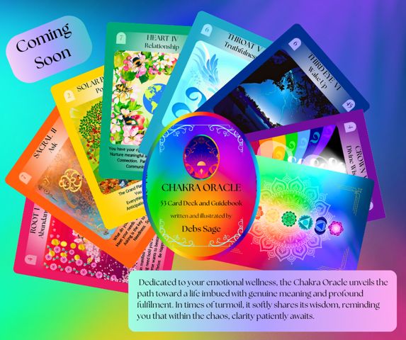 A colourful depiction of several cards from the new chakra oracle deck ..with detailed images and phrases. 
