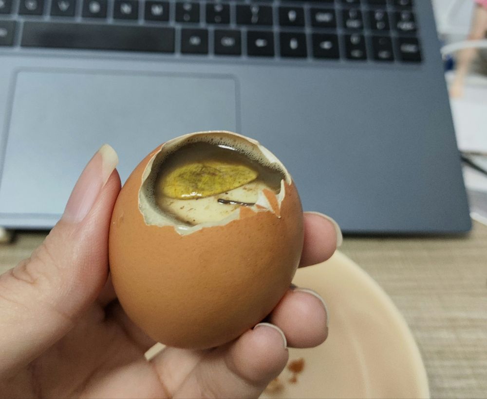 拿著一顆敲開的活珠子，裡面露出了蛋黃和小雞胚胎肉