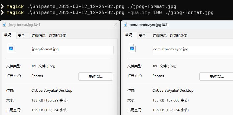 運行 magick .\Snipaste_2025-03-12_12-24-02.png -quality 100 ./jpeg-format.jpg 後得到的新圖片和 atproto 上下載的圖片大小分別是 136529 字節和 137003 字節