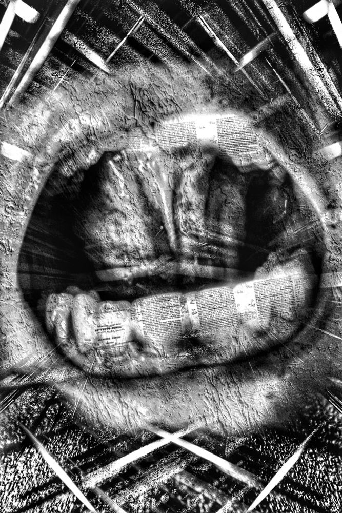 An open mouth which appears to be super imposed on concrete and a background of crisscross lines and distorted grain. The mouth teeth are covered in book pages. B&w