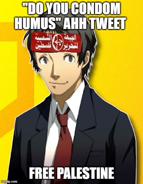 Tohru Adachi from persona 4 with a PFLP headband 
Top text: “do you condom humus” ahhh tweet 
Bottom text: Free Palestine 