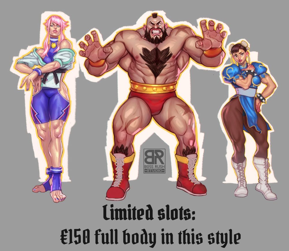 three figures from street fighter, text says limited slots, €150 fully body in this style
