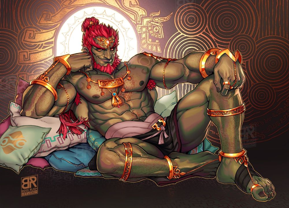 Ganondorf from Tears of the Kingdom, but lounging on cushions