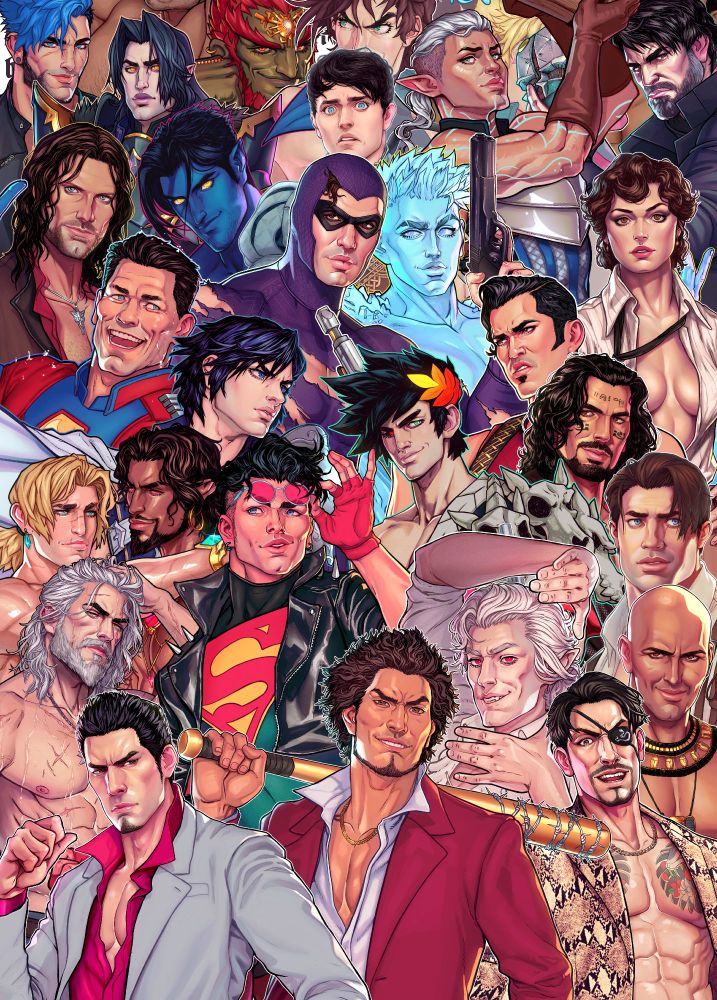 a collage featuring some of my art, including characters like Kiryu, Superboy, John Cena and many more. 