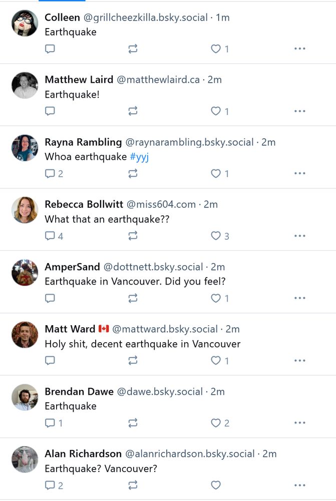 A screenshot of BlueSky of eight BlueSky accounts all posting some variation of "Earthquake?"