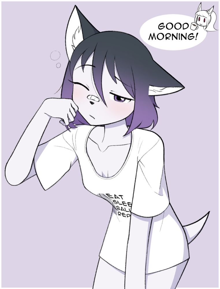 Sleepy furry girl rubbing her face while visibly groggy in just an oversized t-shirt. A chibi bunny girl with a coffee cup says, "Good morning!"